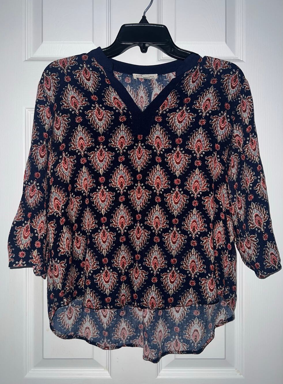 Faith and Joy Navy Blue Paisley Boho Casual 3/4 Sleeve Blouse Top Sz S Small